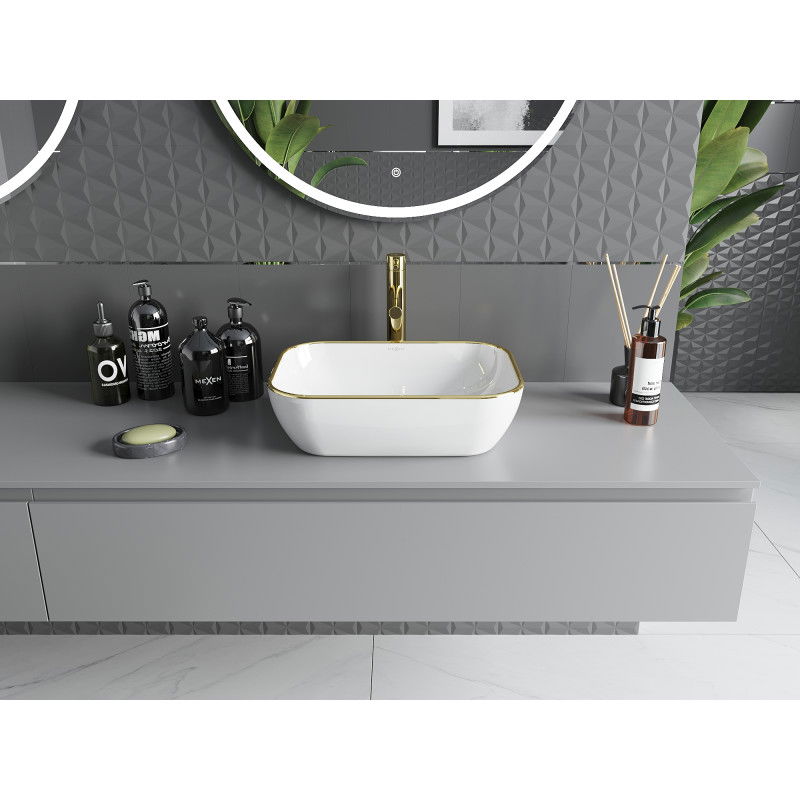 Mexen Rita umývadlo na dosku 45 x 32 cm, biela/zlatý okraj - 21084505