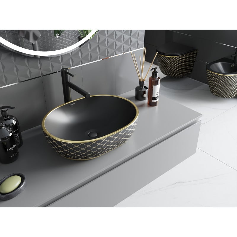 Mexen Viki umývadlo na dosku 48 x 35 cm, čierna matná/zlatý vzor mriežka - 21054879