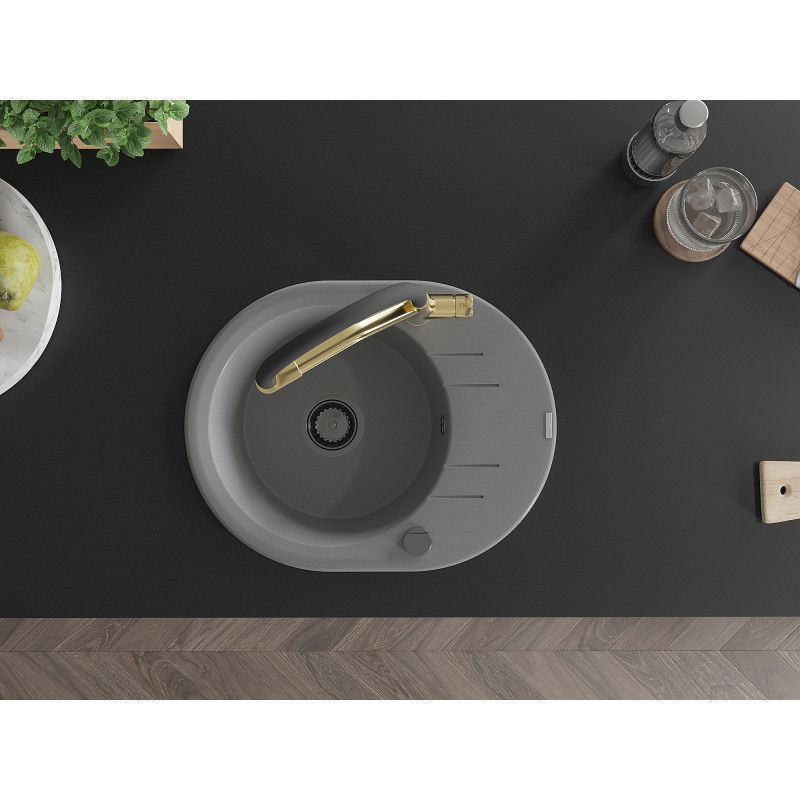 Mexen Kevin žulový kuchynský drez s 1 komorou a kuchynskou batériou Duo, sivý - 6517-71-671701-57-B