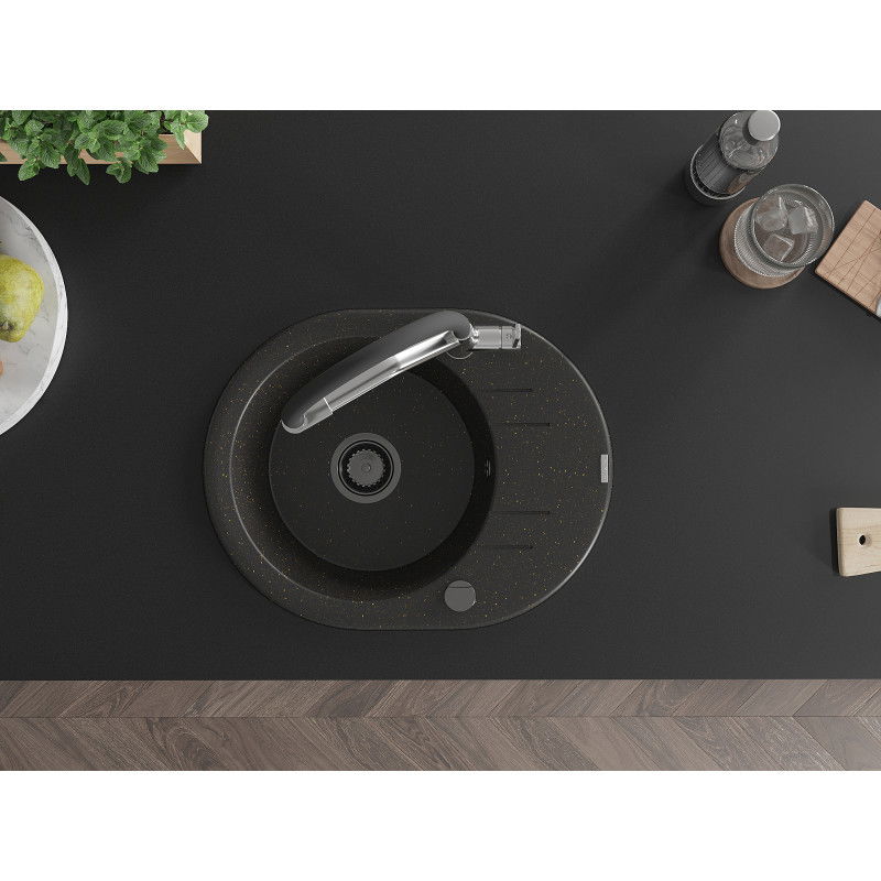 Mexen Kevin jednokomorový žulový drez s kuchynskou batériou Duo, čierny/zlatý metalik - 6517-75-671701-07-B