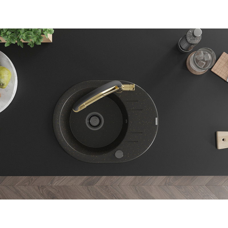 Mexen Kevin žulový drez s 1 komorou s kuchynskou batériou Duo, čierny/zlatý metalik - 6517-75-671701-57-B