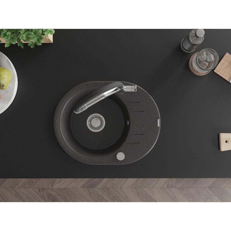 Mexen Kevin granitový drez 1-komorový s kuchynskou batériou Duo, čierny bodkovaný - 6517-76-671701-07