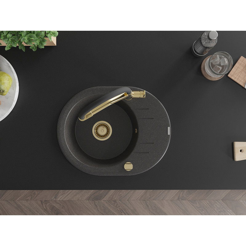 Mexen Kevin žulový drez 1-komorový s kuchynskou batériou Duo, čierny škvrnitý - 6517-76-671701-57-G