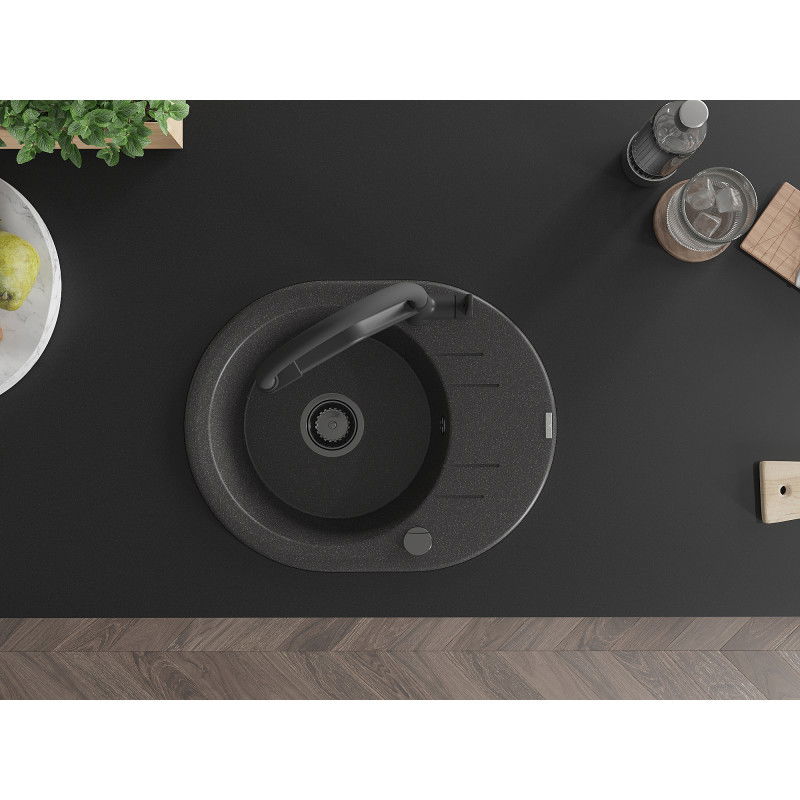 Mexen Kevin žulový jednokomorový drez s kuchynskou batériou Duo, čierny s bodkami - 6517-76-671701-70-B