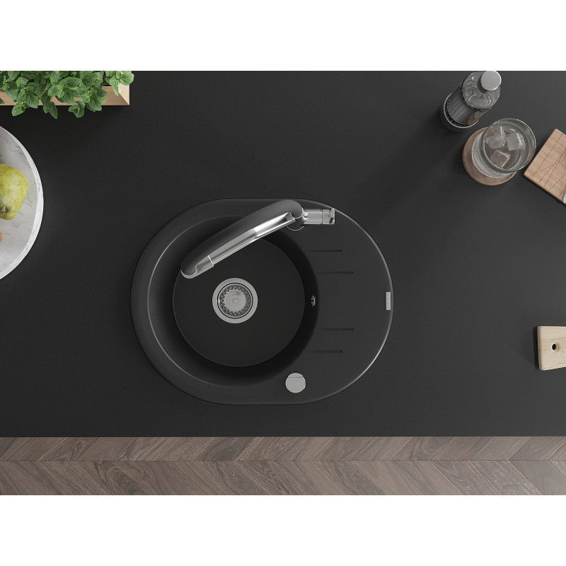 Mexen Kevin žulový kuchynský drez s 1 komorou a kuchynskou batériou Duo, čierny - 6517-77-671701-07