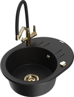 Mexen Kevin žulový kuchynský drez 1-komorový s kuchynskou batériou Duo, čierny - 6517-77-671701-57-G