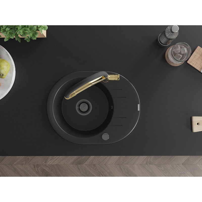 Mexen Kevin granitový kuchynský drez 1-komorový s kuchynskou batériou Duo, čierny - 6517-77-671701-57-B