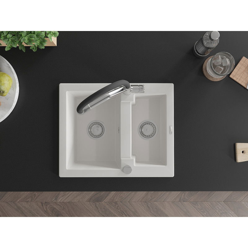 Mexen Carlos granitový drez s pol druhej komory a kuchynskou batériou Duo, biely - 6518-20-671701-07