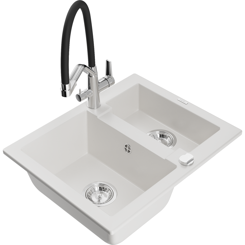 Mexen Carlos granitový drez s pol druhej komory a kuchynskou batériou Duo, biely - 6518-20-671701-07