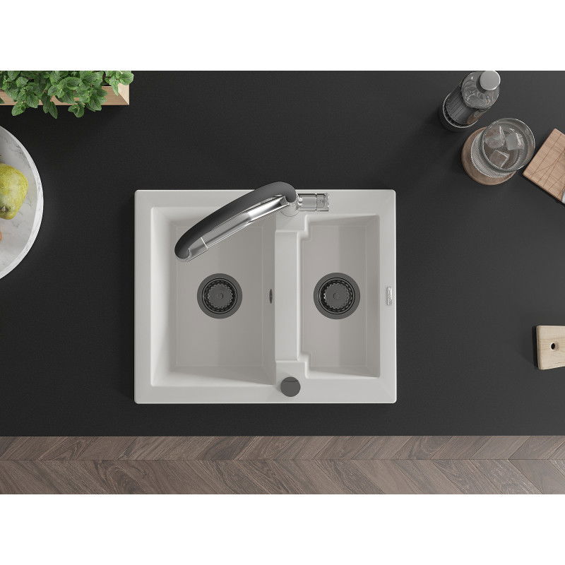 Mexen Carlos granitový kuchynský drez 1,5-komorový s kuchynskou batériou Duo, biely - 6518-20-671701-07-B