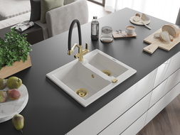 Mexen Carlos žulový drez 1,5-komorový s kuchynskou batériou Duo, biely - 6518-20-671701-57-G