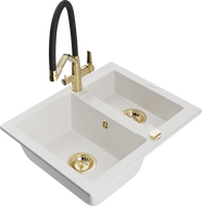 Mexen Carlos žulový drez 1,5-komorový s kuchynskou batériou Duo, biely - 6518-20-671701-57-G