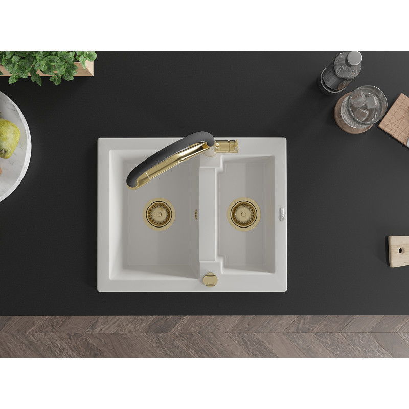 Mexen Carlos žulový drez 1,5-komorový s kuchynskou batériou Duo, biely - 6518-20-671701-57-G