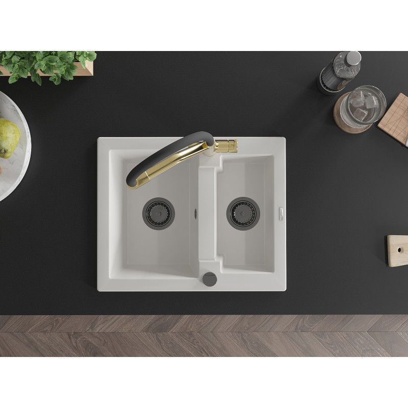 Mexen Carlos granitový kuchynský drez 1,5-komorový s kuchynskou batériou Duo, biela - 6518-20-671701-57-B