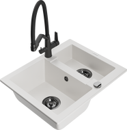 Mexen Carlos granitový kuchynský drez 1,5-komorový s kuchynskou batériou Duo, biela - 6518-20-671701-70-B