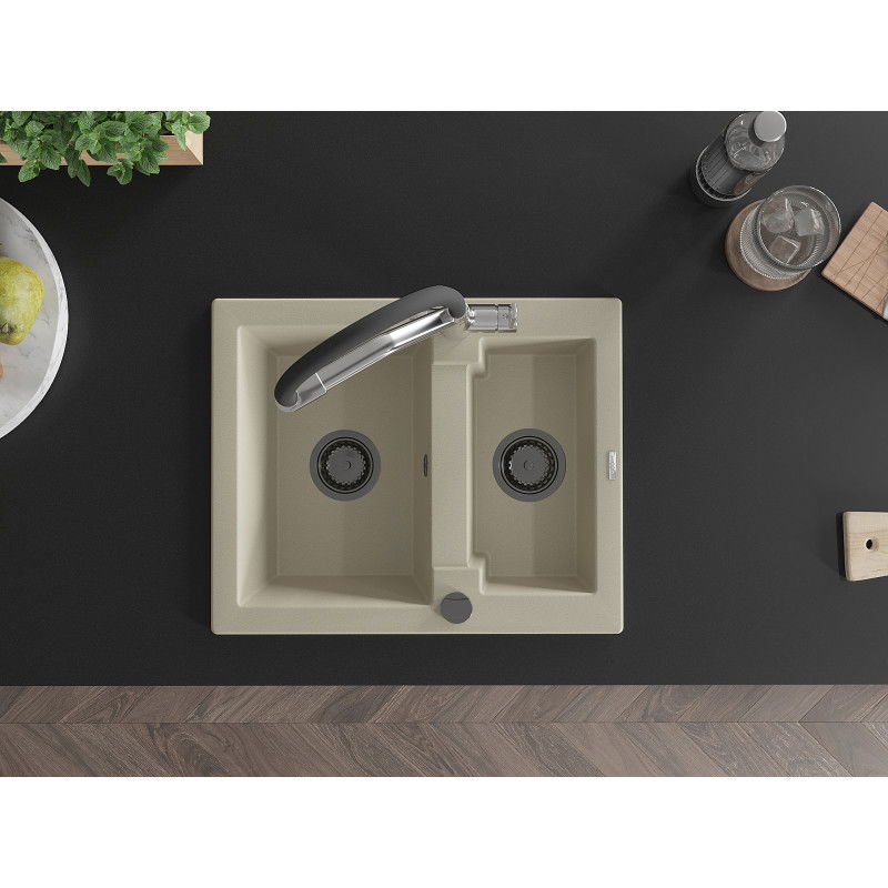 Mexen Carlos granitový drez 1,5-komorový s kuchynskou batériou Duo, béžový - 6518-69-671701-07-B