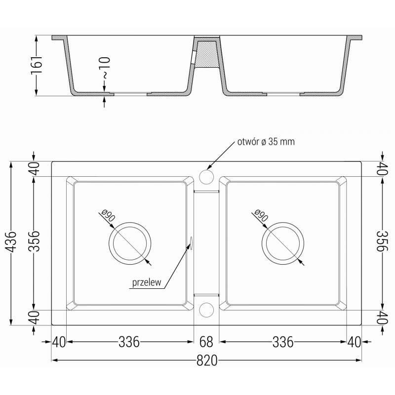 Mexen Mario žulový drez s 2 komorami 820 x 436 mm, čierny/zlatý metalický, sifón chróm - 6504822000-75