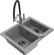 Mexen Carlos žulový drez 1,5-komorový s kuchynskou batériou Duo, sivý - 6518-71-671701-07-B