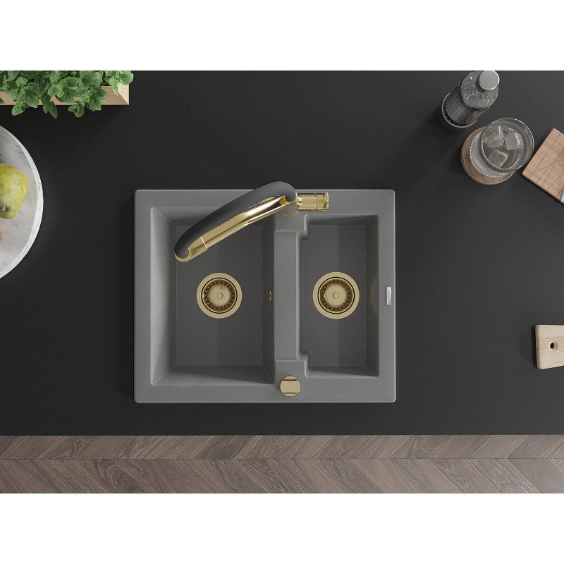 Mexen Carlos žulový kuchynský drez s 1,5 komorou a kuchynskou batériou Duo, sivý - 6518-71-671701-57-G
