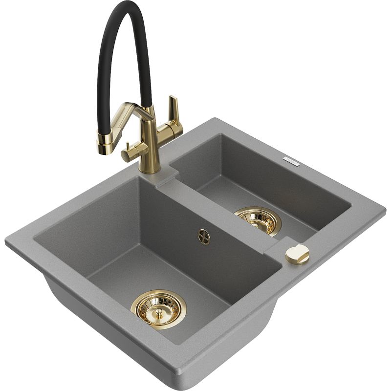 Mexen Carlos žulový kuchynský drez s 1,5 komorou a kuchynskou batériou Duo, sivý - 6518-71-671701-57-G