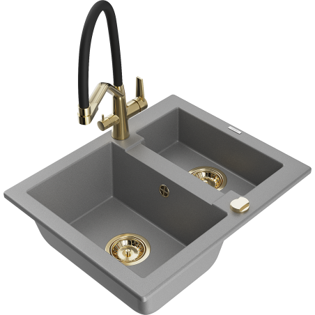 Mexen Carlos žulový kuchynský drez s 1,5 komorou a kuchynskou batériou Duo, sivý - 6518-71-671701-57-G