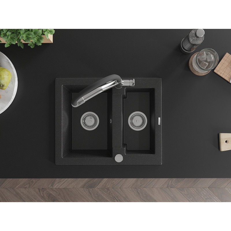 Mexen Carlos 1,5-komorový granitový drez s kuchynskou batériou Duo, čierny/strieborný metalík - 6518-73-671701-07
