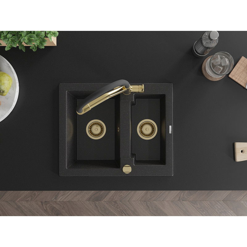 Mexen Carlos žulový drez 1,5-komorový s kuchynskou batériou Duo, čierno/strieborný metalik - 6518-73-671701-57-G