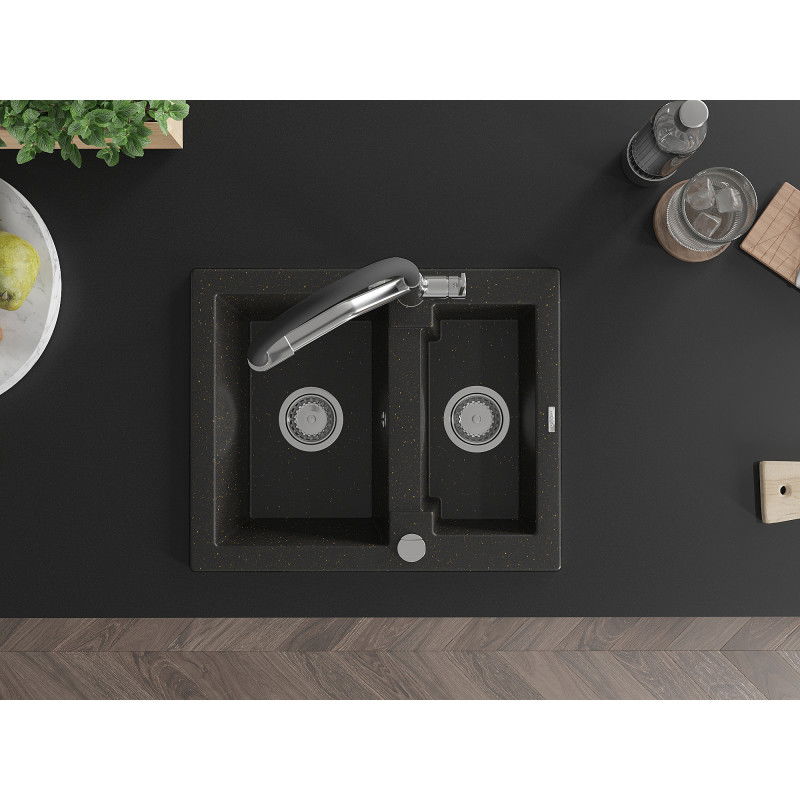 Mexen Carlos žulový drez 1,5-komorový s kuchynskou batériou Duo, čierny/zlatý metalický - 6518-75-671701-07