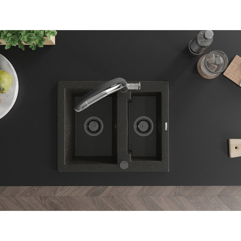 Mexen Carlos žulový kuchynský drez 1,5-komorový s kuchynskou batériou Duo, čierny/zlatý metalický - 6518-75-671701-07-B