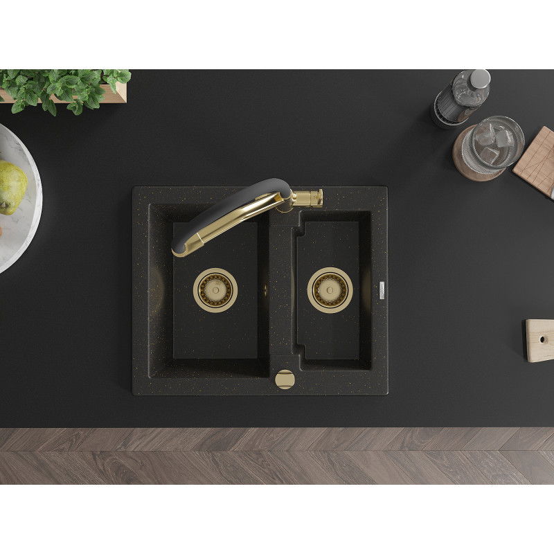 Mexen Carlos žulový kuchynský drez 1,5-komorový s kuchynskou batériou Duo, čierny/zlatý metalik - 6518-75-671701-57-G