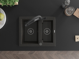 Mexen Carlos granitový kuchynský drez 1,5-komorový s kuchynskou batériou Duo, čierny/zlatý metalík - 6518-75-671701-70-B