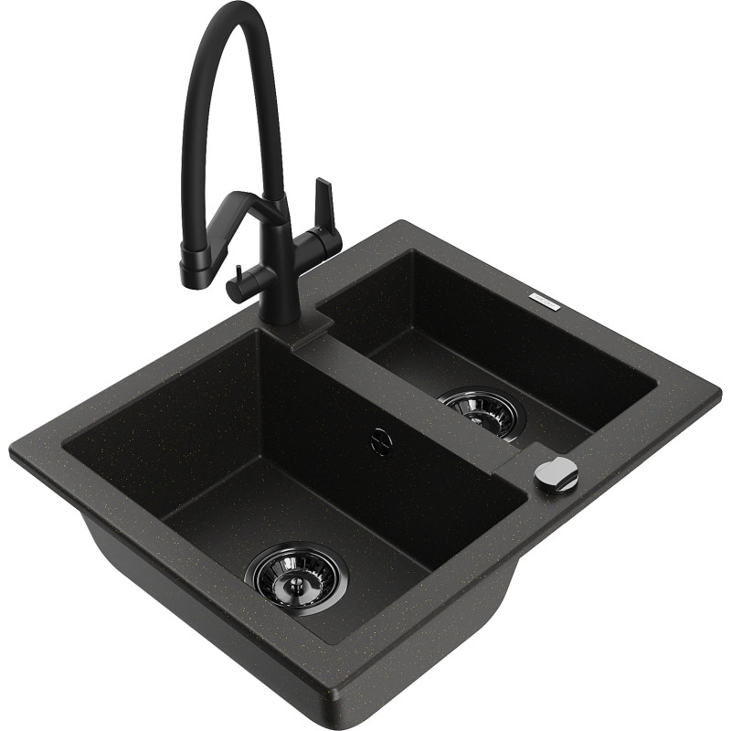 Mexen Carlos granitový drez 1,5-komorový s kuchynským kohútikom Duo, čierny/zlatý metalík - 6518-75-671701-70-B