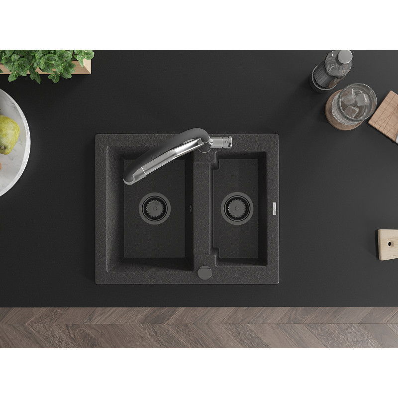 Mexen Carlos granitový 1,5-komorový kuchynský drez s batériou Duo, čierno-šedý - 6518-76-671701-07-B