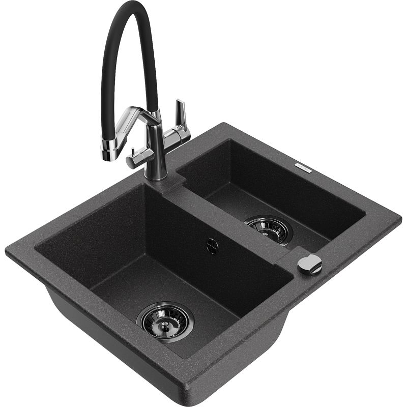 Mexen Carlos granitový 1,5-komorový kuchynský drez s batériou Duo, čierno-šedý - 6518-76-671701-07-B