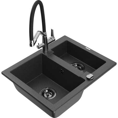Mexen Carlos granitový 1,5-komorový kuchynský drez s batériou Duo, čierno-šedý - 6518-76-671701-07-B