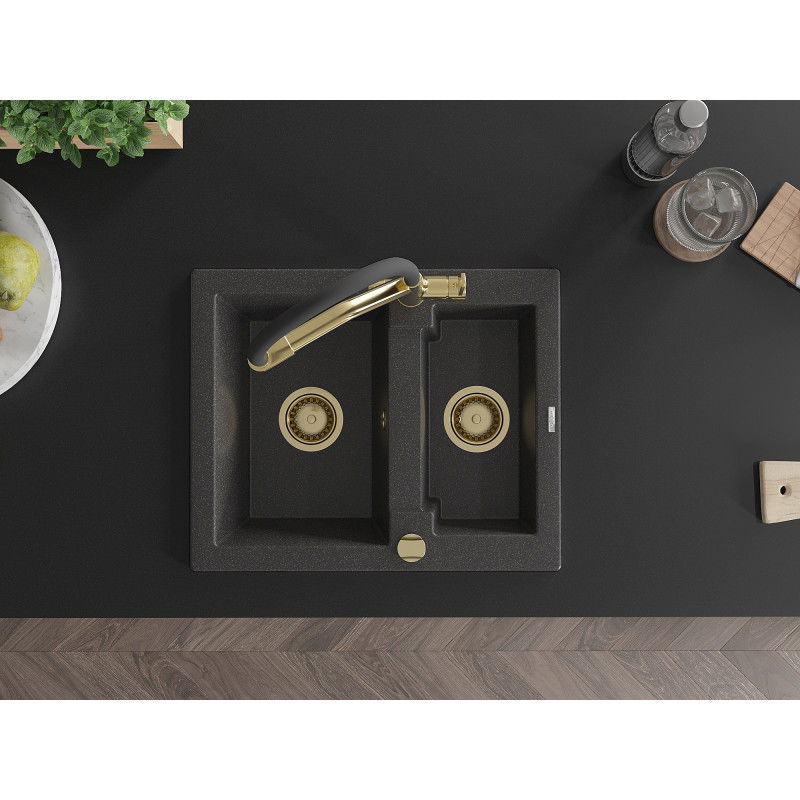 Mexen Carlos žulový drez 1,5-komorový s kuchynskou batériou Duo, čierny škvrnitý - 6518-76-671701-57-G