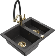 Mexen Carlos žulový drez 1,5-komorový s kuchynskou batériou Duo, čierny škvrnitý - 6518-76-671701-57-G