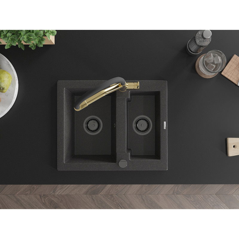 Mexen Carlos žulový drez 1,5-komorový s kuchynskou batériou Duo, čierny s bodkami - 6518-76-671701-57-B