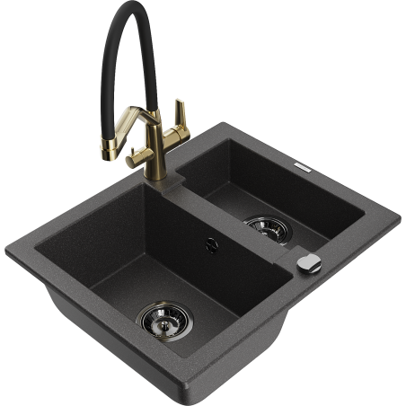 Mexen Carlos žulový drez 1,5-komorový s kuchynskou batériou Duo, čierny s bodkami - 6518-76-671701-57-B