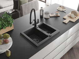 Mexen Carlos granitový drez 1,5-komorový s kuchynskou batériou Duo, čierny bodkovaný - 6518-76-671701-70-B