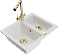 Mexen Carlos granitový drez s 1,5 komorou a kuchynskou batériou Duero, biely - 6518-20-671600-50