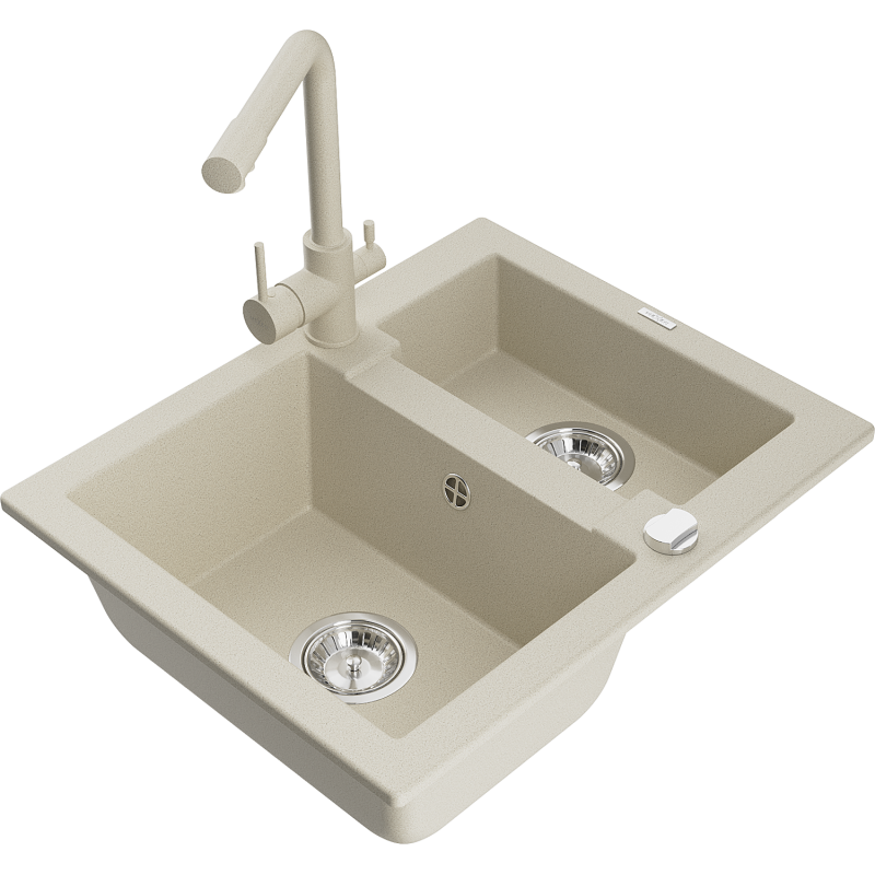 Mexen Carlos žulový kuchynský drez 1,5-komorový s kuchynskou batériou Duero, béžový - 6518-69-671600-69