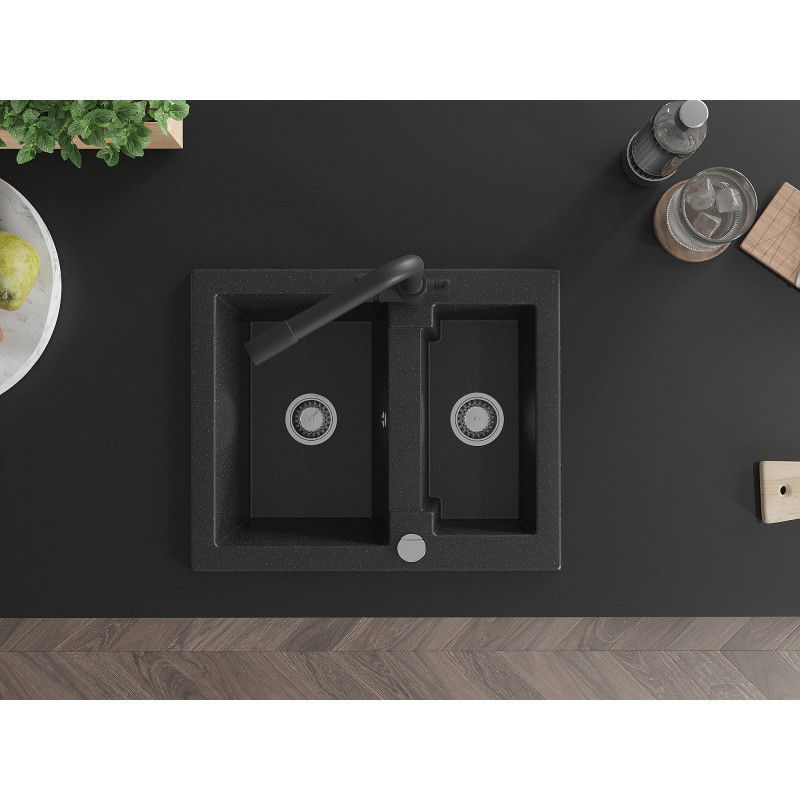 Mexen Carlos granitový drez 1,5-komorový s kuchynskou batériou Duero, čierny/strieborný metalik - 6518-73-671600-70