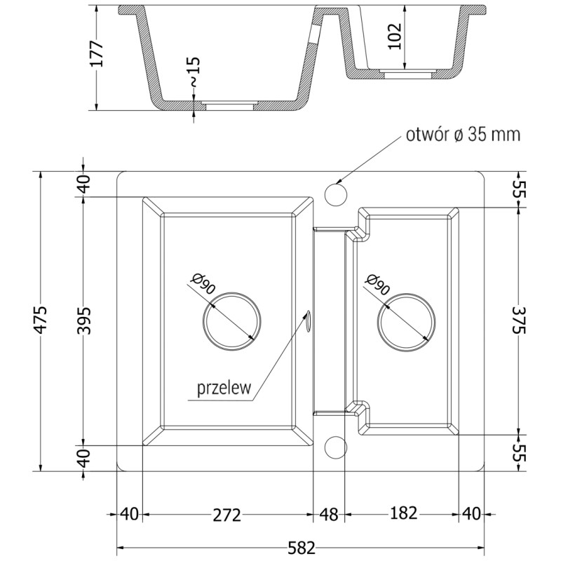 Mexen Carlos granitový drez s 1,5-komorou a kuchynskou batériou Duero, čierny/zlatý metalik - 6518-75-671600-00