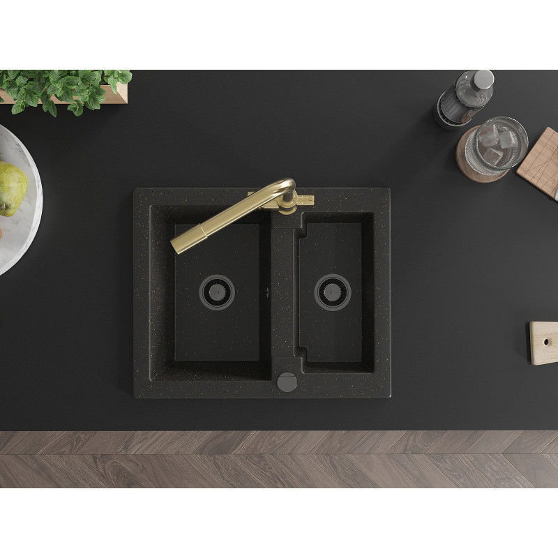 Mexen Carlos granitový drez 1,5-komorový s kuchynskou batériou Duero, čierny/zlatý metalik - 6518-75-671600-50-B