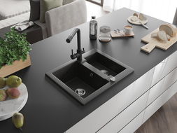 Mexen Carlos granitový kuchynský drez 1,5-komorový s kuchynskou batériou Duero, čierno/zlatý metalik - 6518-75-671600-70