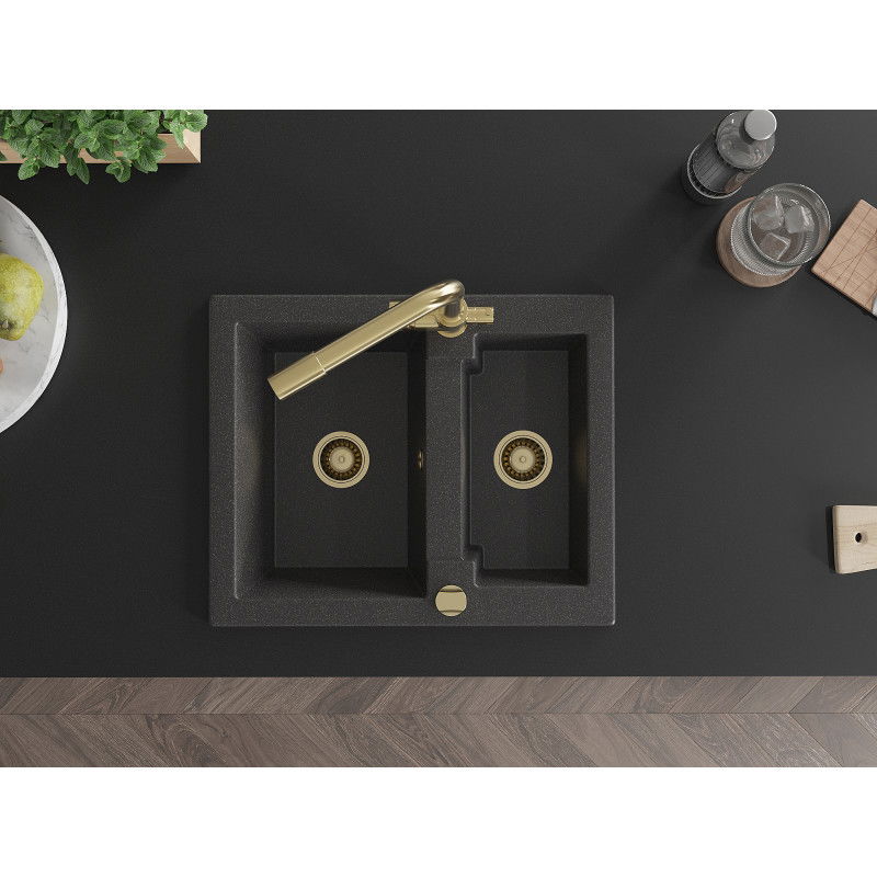 Mexen Carlos žulový drez 1,5-komorový s kuchynskou batériou Duero, čierny bodkovaný - 6518-76-671600-50