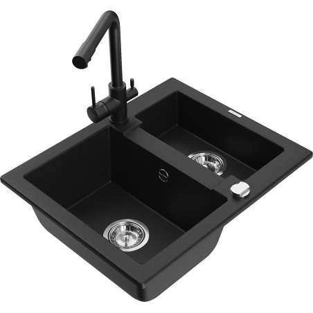 Mexen Carlos granitový drez 1,5-komorový s kuchynskou batériou Duero, čierny - 6518-77-671600-70