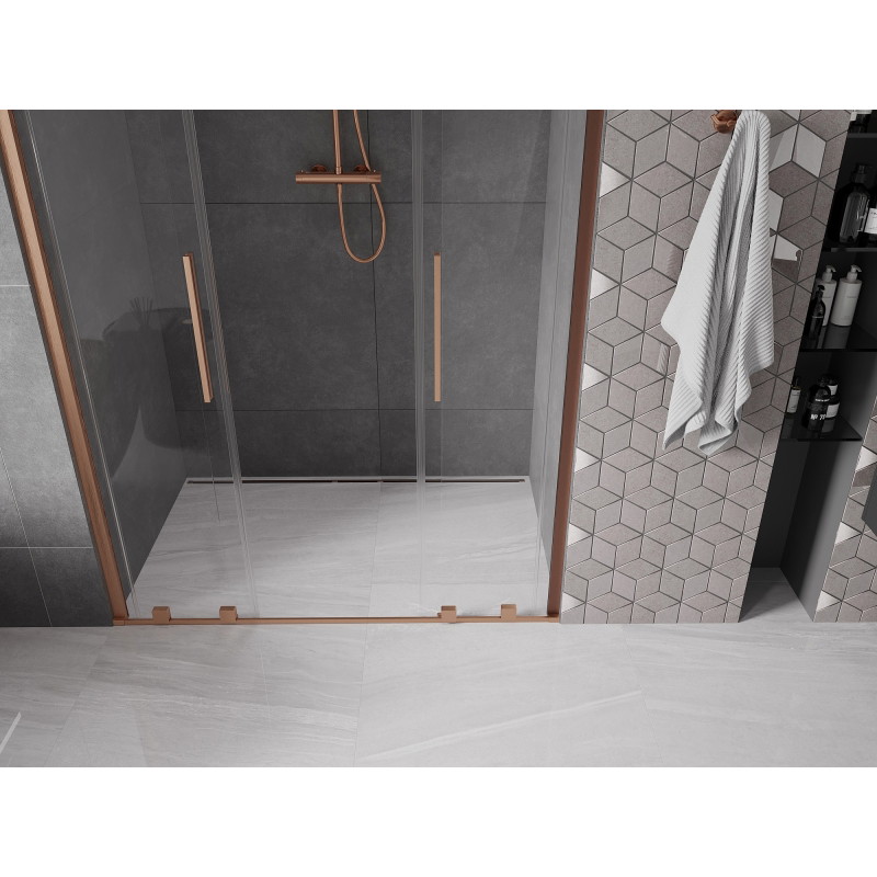 Mexen Velar Dvojité posuvné sprchové dvere 140 cm, transparentné, brúsená meď - 871-140-000-02-65