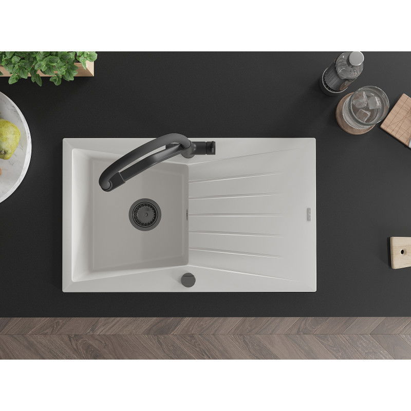 Mexen Cesar granitový drez 1-komorový s odkvapkávačom a kuchynskou batériou Duo, biely - 6514-20-671701-70-B